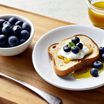 ** A Mediterranean breakfast scene featuring toast drizzled with olive oil, a bowl of yogurt with blueberries, and a side of walnuts. The setting is bright and sunny, emphasizing fresh and healthy ingredients.

**