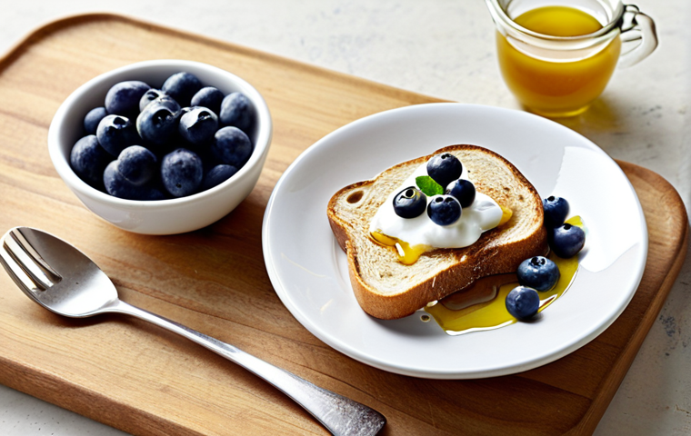 ** A Mediterranean breakfast scene featuring toast drizzled with olive oil, a bowl of yogurt with blueberries, and a side of walnuts. The setting is bright and sunny, emphasizing fresh and healthy ingredients.

**